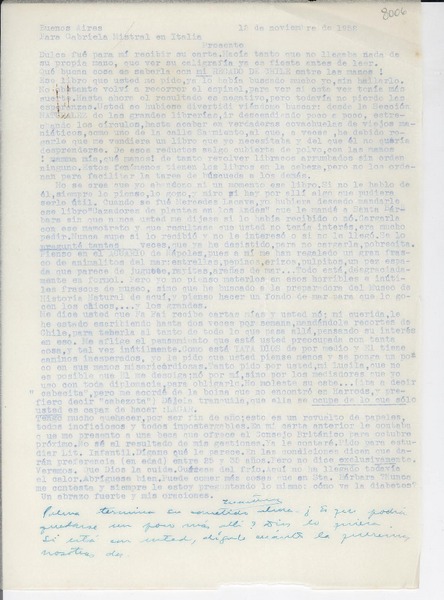 [Carta] 1952 nov. 12, Buenos Aires, [Argentina] [a] Gabriela Mistral, Italia
