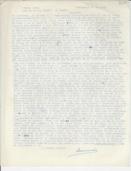 [Carta] 1952 nov. 20, Buenos Aires, [Argentina] [a] Gabriela Mistral, Italia