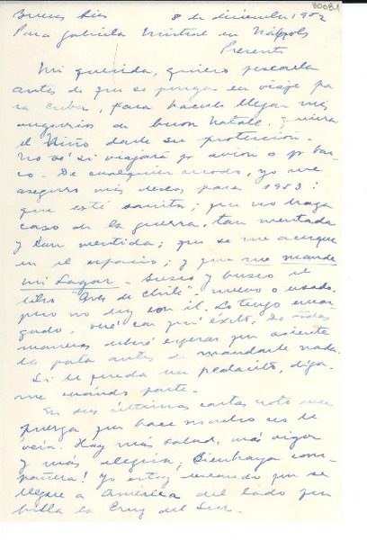 [Carta] 1952 dic. 8, Buenos Aires, [Argentina] [a] Gabriela Mistral, Italia