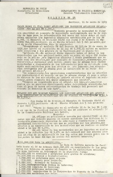 Boletín N° 54, 1949 mar. 11, Santiago, [Chile]
