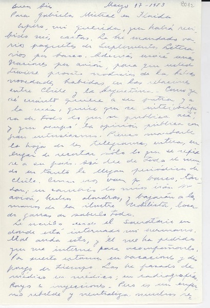 [Carta] 1953 mayo 17, Buenos Aires, [Argentina] [a] Gabriela Mistral, Florida, [EE.UU.]