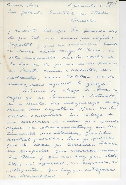 [Carta] 1951 sept. 5, Buenos Aires [a] Gabriela Mistral, Italia