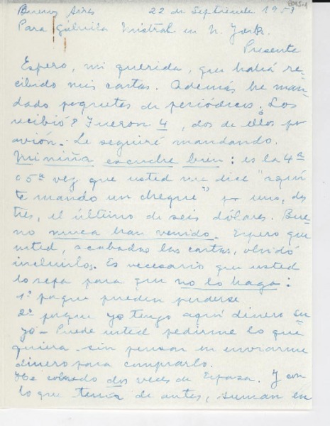 [Carta] 1953 sept. 22, Buenos Aires, [Argentina] [a] Gabriela Mistral, [Nueva] York, [EE.UU.]
