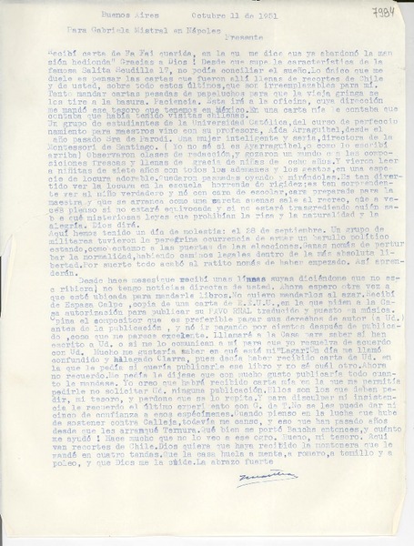 [Carta] 1951 oct. 11, Buenos Aires [a] Gabriela Mistral, Nápoles