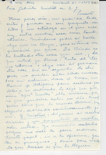 [Carta] 1953 nov. 21, Buenos Aires, [Argentina] [a] Gabriela Mistral, [Nueva York], [EE.UU.]