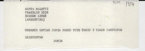 [Carta] [1954] [a] Marta [i.e. Martha] Salotti, Buenos Aires, Argentina