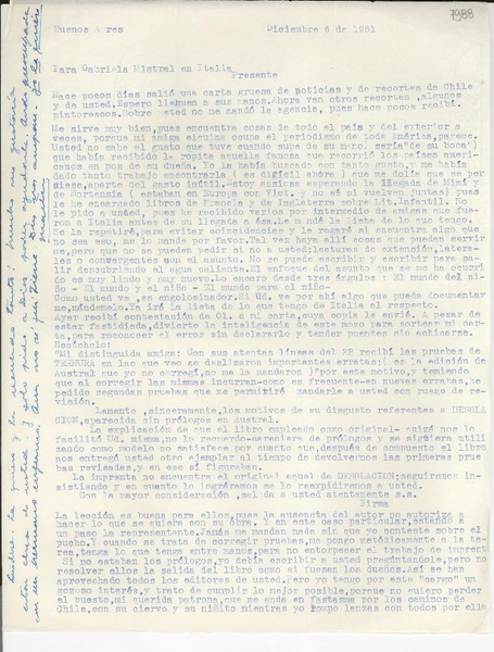 [Carta] 1951 dic. 6, Buenos Aires [a] Gabriela Mistral, Italia