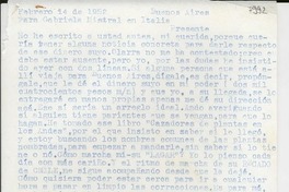 [Carta] 1952 feb. 14, Buenos Aires [a] Gabriela Mistral, Italia