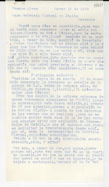 [Carta] 1952 mar. 10, Buenos Aires [a] Gabriela Mistral, Italia