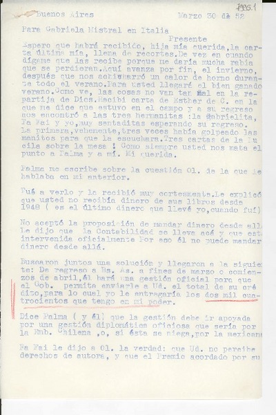 [Carta] 1952 mar. 30, Buenos Aires [a] Gabriela Mistral, Italia
