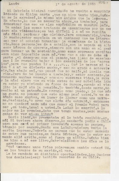 [Carta] 1955 ago. 1, Lanús, [Argentina] [a] Gabriela Mistral