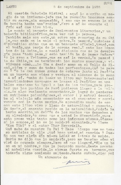 [Carta] 1955 sept. 5, Lanús, [Argentina] [a] Gabriela Mistral