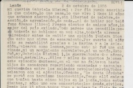 [Carta] 1955 oct. 2, Lanús, [Argentina] [a] Gabriela Mistral