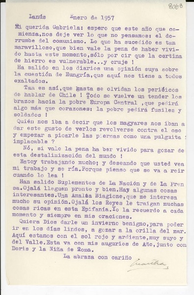 [Carta] 1957 ene., Lanús, [Argentina] [a] Gabriela [Mistral]