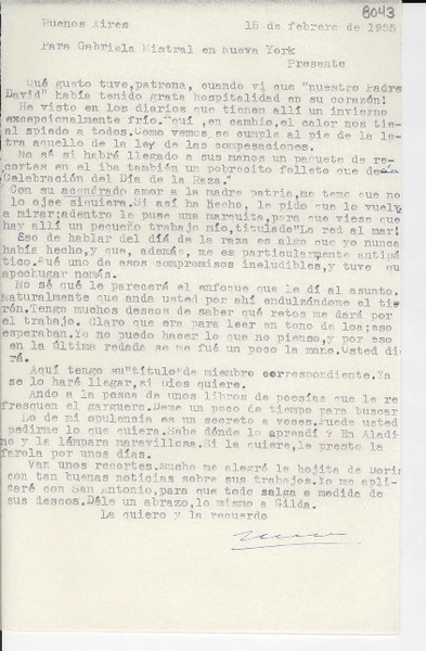 [Carta] 1955 feb. 15, Buenos Aires [a] Gabriela Mistral, Nueva York