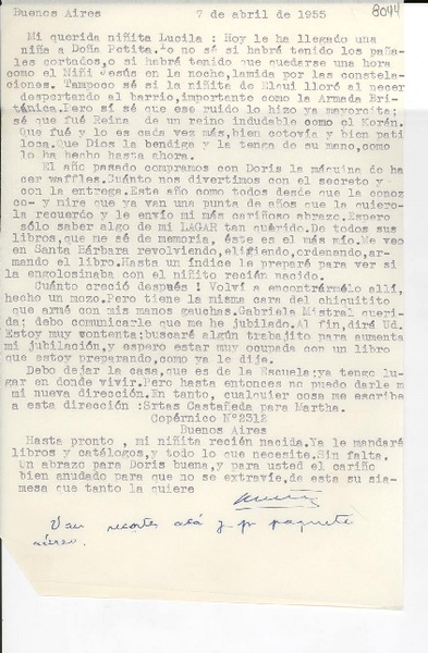 [Carta] 1955 abr. 7, Buenos Aires [a] Gabriela Mistral