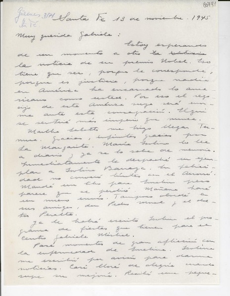 [Carta] 1945 nov. 13, Santa Fe, [Argentina] [a] Gabriela Mistral