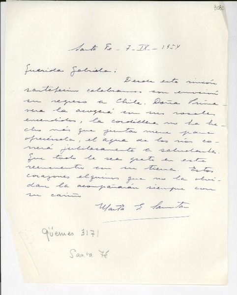 [Carta] 1954 sept. 7, Santa Fe, [Argentina] [a] Gabriela Mistral