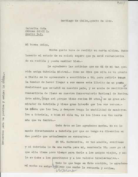 [Carta] 1949 ago., Santiago, Chile [a] Carmen Godoy L., México D.F.