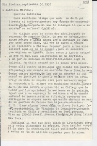 [Carta] 1952 sept. 30, Río Piedras, [Puerto Rico] [a] Gabriela Mistral