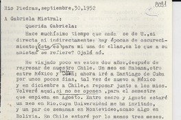 [Carta] 1952 sept. 30, Río Piedras, [Puerto Rico] [a] Gabriela Mistral