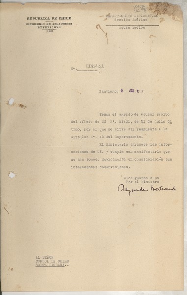 [Memorandum] N° 008451, 1948 ago. 2, Santiago, [Chile] [al] Señor Cónsul de Chile, Santa Bárbara, [EE.UU.]
