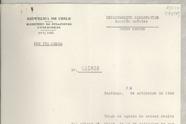 [Memorandum] N° 010828, 1948 sept. 24, Santiago, [Chile] [al] Señor Cónsul de Chile, Santa Bárbara, [EE.UU.]