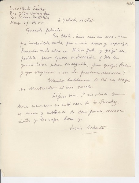 [Carta] 1955 mayo 27, Río Piedras, [Puerto Rico] [a] Gabriela Mistral