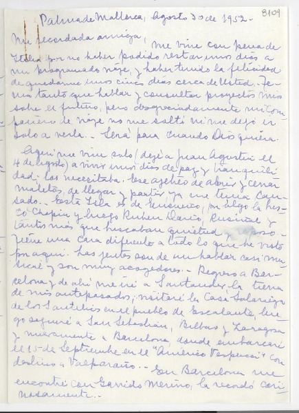 [Carta] 1952 ago. 30, Palma de Mallorca, [España] [a] [Gabriela Mistral]