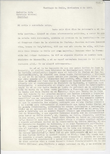[Carta] 1952 nov. 4, Santiago, Chile [a] Gabriela Mistral, Nápoles
