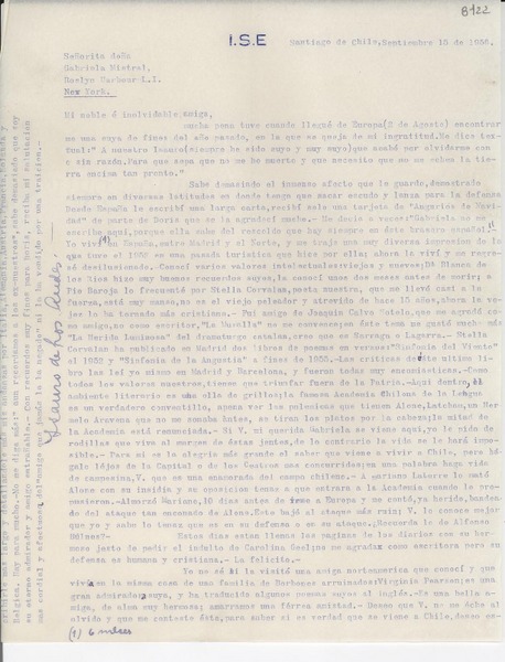 [Carta] 1956 sept. 15, Santiago de Chile [a] Gabriela Mistral, Roslyn Harbor,L. I., New York