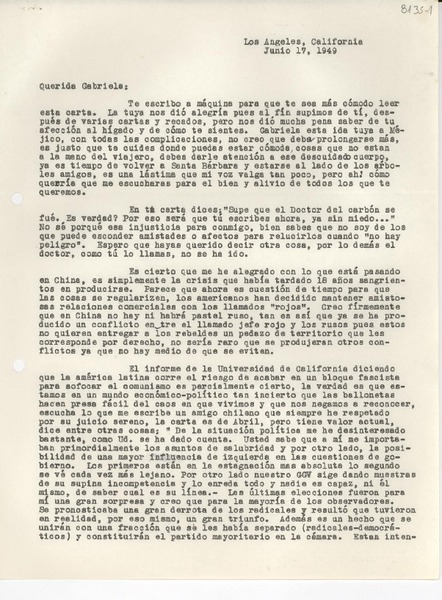 [Carta] 1949 jun. 17, Los Angeles, California, [EE.UU.] [a] Gabriela [Mistral]