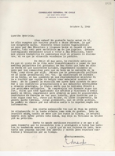 [Carta] 1949 oct. 3, [Los Angeles, California, EE.UU.] [a] Gabriela [Mistral]