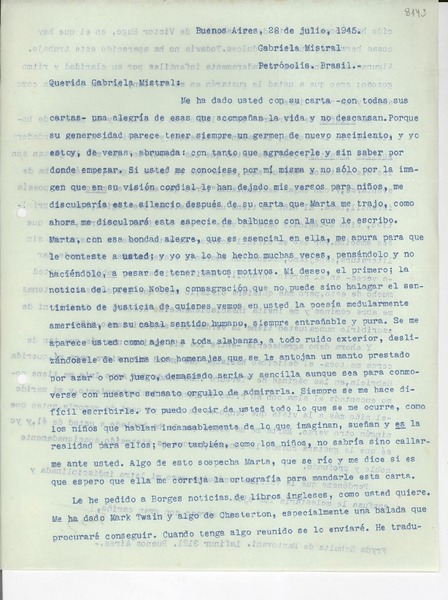 [Carta] 1945 jul. 28, Buenos Aires, [Argentina] [a] Gabriela Mistral, Petrópolis, Brasil