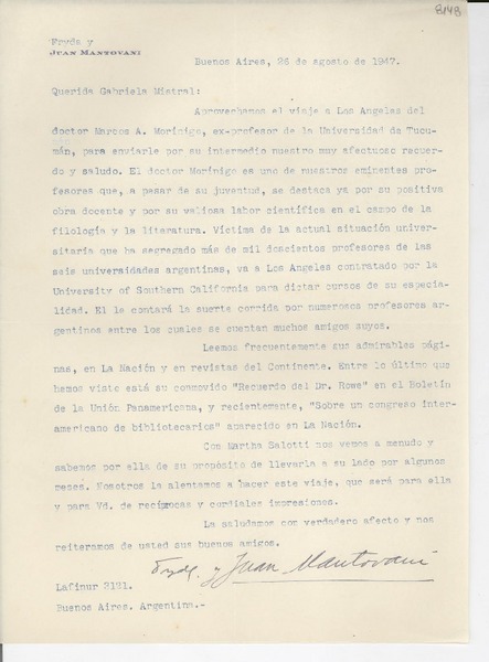 [Carta] 1947 ago. 26, Buenos Aires, [Argentina] [a] Gabriela Mistral