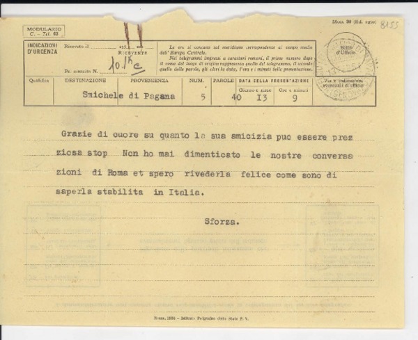 [Telegrama] 1951 feb. 13, S[an] Michele di Pagana, [Italia] [a] [Gabriela Mistral], Génova, [Italia]