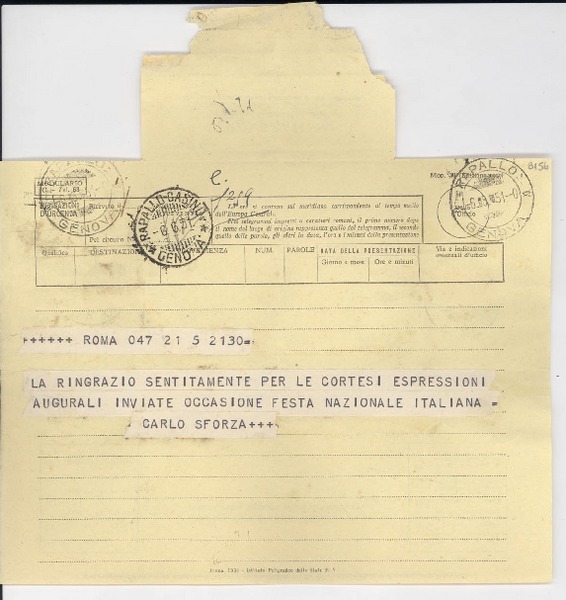 [Telegrama] 1951 jun. 6, Roma, [Italia] [a] Gabriella [i.e. Gabriela] Mistral, Rapallo, [Italia]