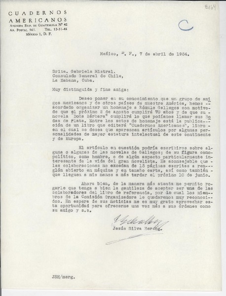[Carta] 1954 abr. 7, México D. F. [a la] Srita. Gabriela Mistral, Consulado General de Chile, La Habana, Cuba