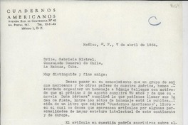 [Carta] 1954 abr. 7, México D. F. [a la] Srita. Gabriela Mistral, Consulado General de Chile, La Habana, Cuba