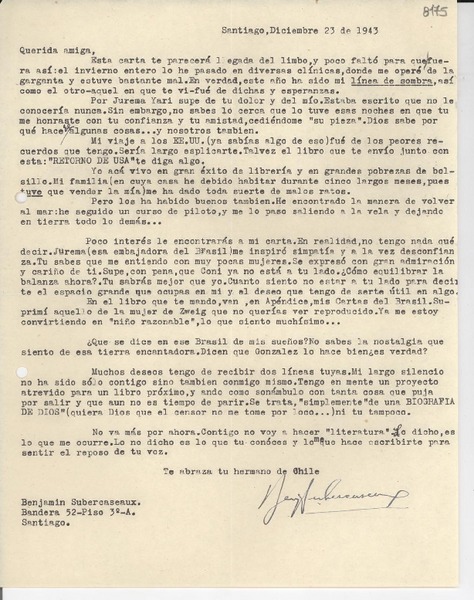 [Carta] 1943 dic. 23, Santiago [a] Gabriela Mistral