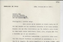 [Carta] 1943 oct. 16, Lima [a] Gabriela Mistral, Petrópolis, Río de Janeiro, Brasil