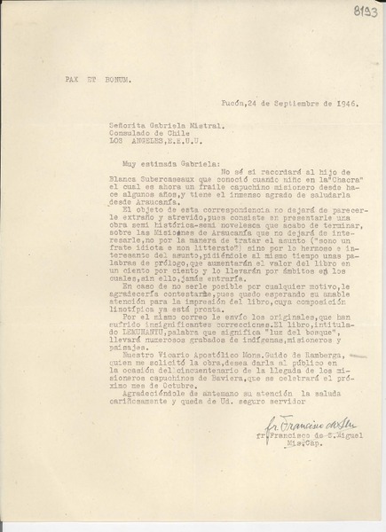 [Carta] 1946 sept. 24, Pucón, [Chile] [a] Gabriela Mistral, Los Ángeles, E.E.U.U.