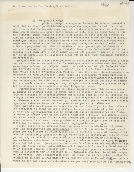 [Carta] [1948] feb. 27, San Fco de Las Conde [a] Gabriela Mistral