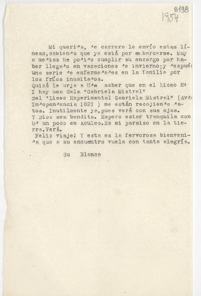 [Carta] [1954, Santiago] [a] Gabriela Mistral