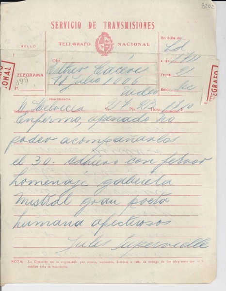 [Telegrama] 1945 nov. 24, [Uruguay] [a] Esther de Cáceres, Montevideo