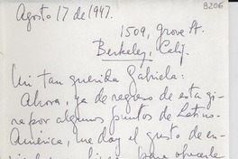 [Carta] 1947 ago. 17, Berkeley, California [a] Gabriela Mistral