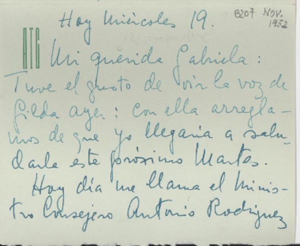 [Carta] 1952 nov. 19, Roma [a] Gabriela Mistral