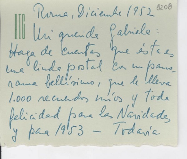 [Carta] 1952 dic., Roma [a] Gabriela Mistral
