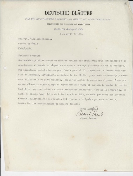 [Carta] 1945 abr. 9, [Santiago] [a] Gabriela Mistral, Petrópolis