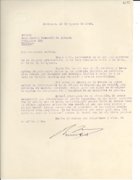 [Carta] 1946 ago. 20, Santiago [a] Rosa Josefa Ossandón de Álvarez, Vicuña
